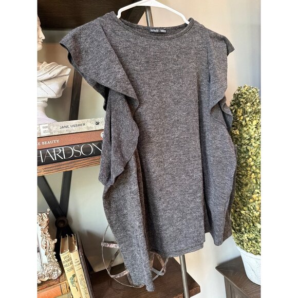 ZARA Knit Ruffle Cold Shoulder Sweater Gray Womens Size Small - Picture 5 of 9